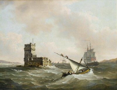 An English Frigate in Choppy Waters in the Tagus Passing the Belem Tower by John Thomas Serres